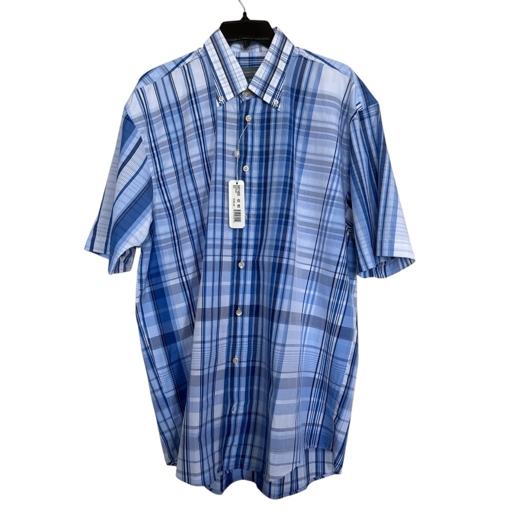 Hickey Freeman Men’s Sz M Short Sleeve Blue Plaid Shirt Woven in Italy NWT